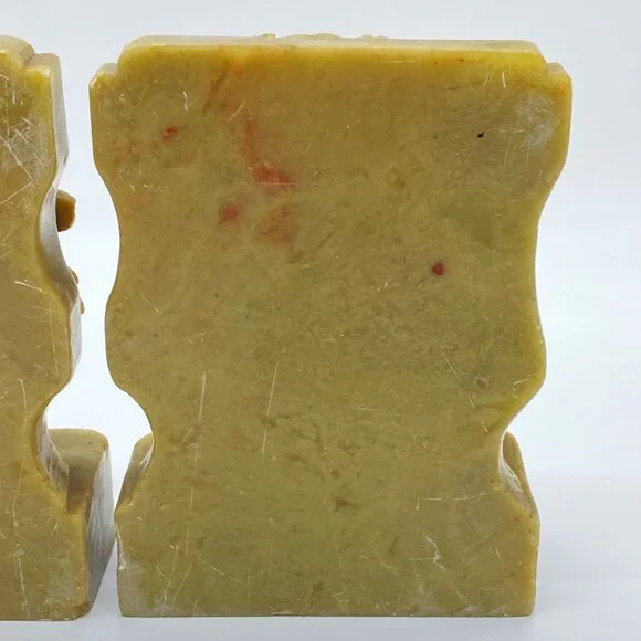 Vintage Pair of Hand-Carved Green Soapstone Bookends Phoenix Bird Lotus Flower - Picture 12 of 16